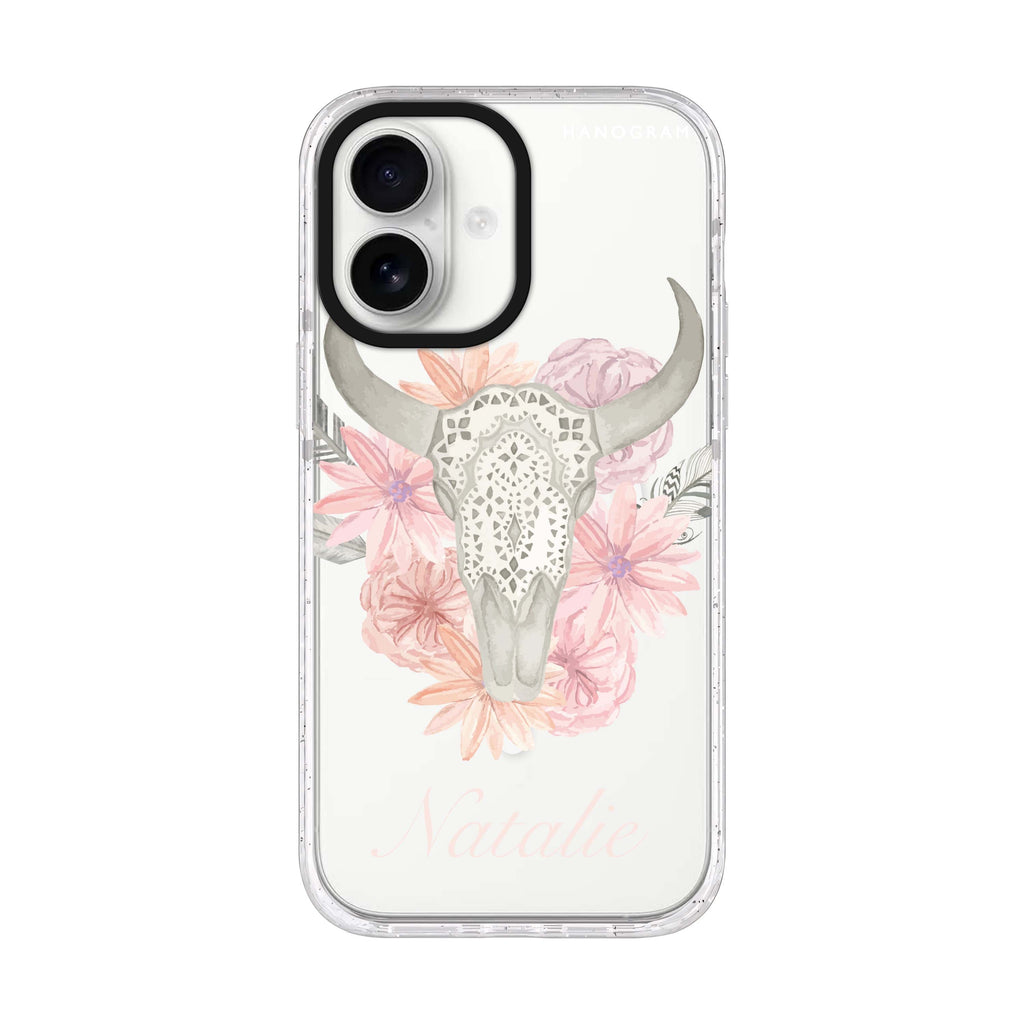 Skull Bull & Watercolor Flowers iPhone 17 水晶透明保護殼正面展示