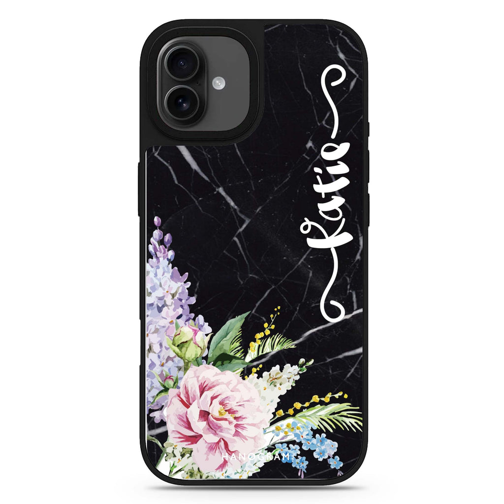 Floral & Black Marble iPhone 17 大理石紋鏡面手機殼 主圖設計