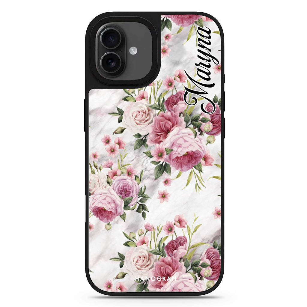 Marble and Pink Floral iPhone 17 大理石紋鏡面手機殼 主圖設計