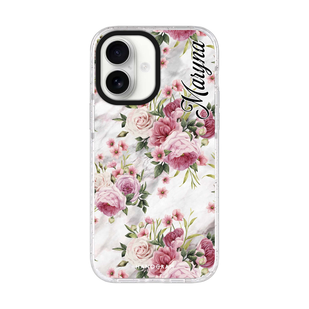 Marble and Pink Floral iPhone 17 水晶透明保護殼正面展示