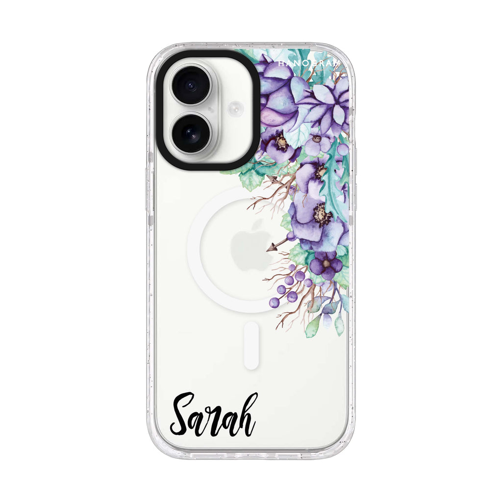 Purple Floral iPhone 17 水晶透明保護殼正面展示