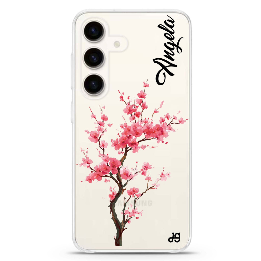 Pink Sakura Samsung Galaxy S26/S25/S24 可加名字水晶透明保護殼正面展示