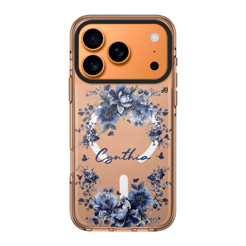 Blue Blossom Frame iPhone 17 Pro Max MagSafe 水晶透明保護殼 花卉圖案設計 可自訂名字 圖1