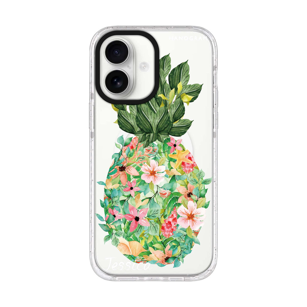 Floral Pineapple iPhone 17 水晶透明保護殼正面展示