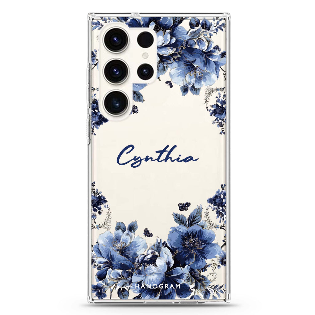 Blue Blossom Frame Samsung Galaxy Ultra 可加名字透明保護殼，適用 S26/S25/S24/S23 Ultra，圖1