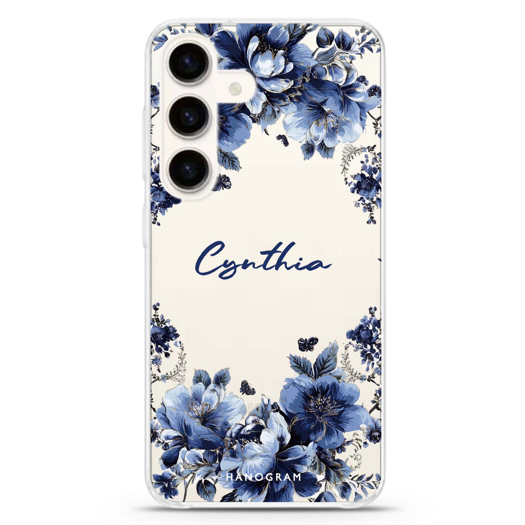 Blue Blossom Frame Samsung Galaxy S26/S25/S24 可加名字水晶透明保護殼正面展示