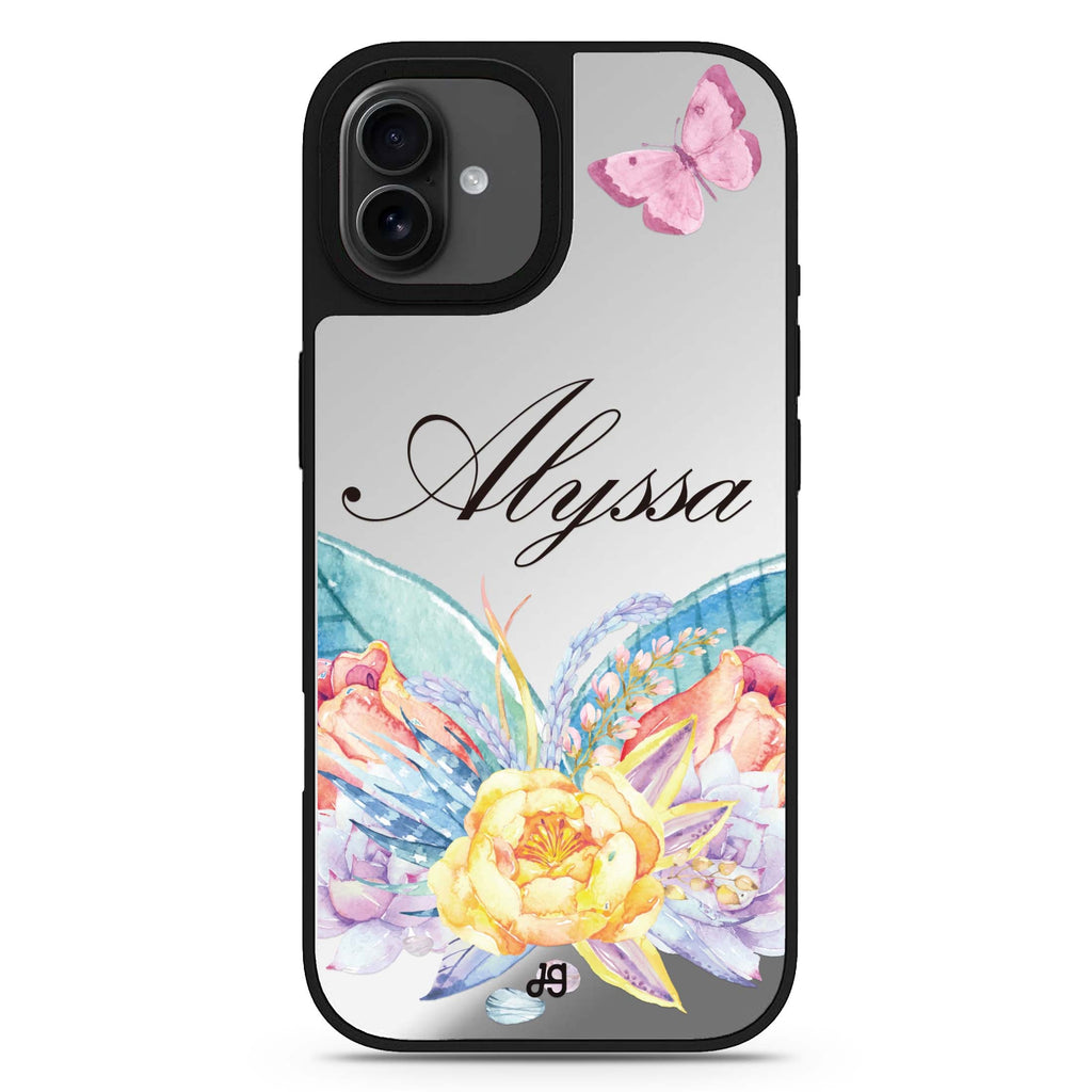 Butterfly and Abloom Rose iPhone 17 花卉鏡面手機殼 主圖設計
