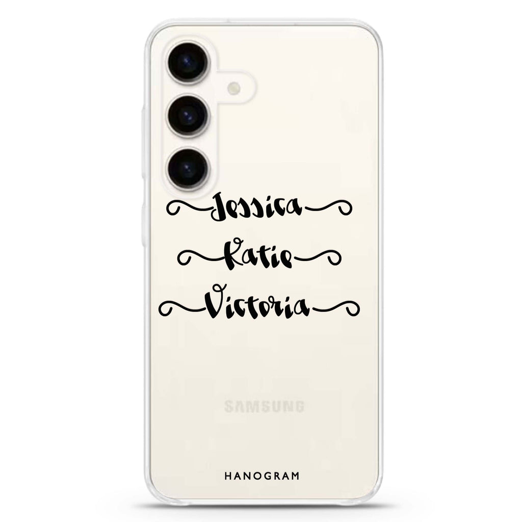 Triple Samsung Galaxy S26/S25/S24 可加名字水晶透明保護殼正面展示