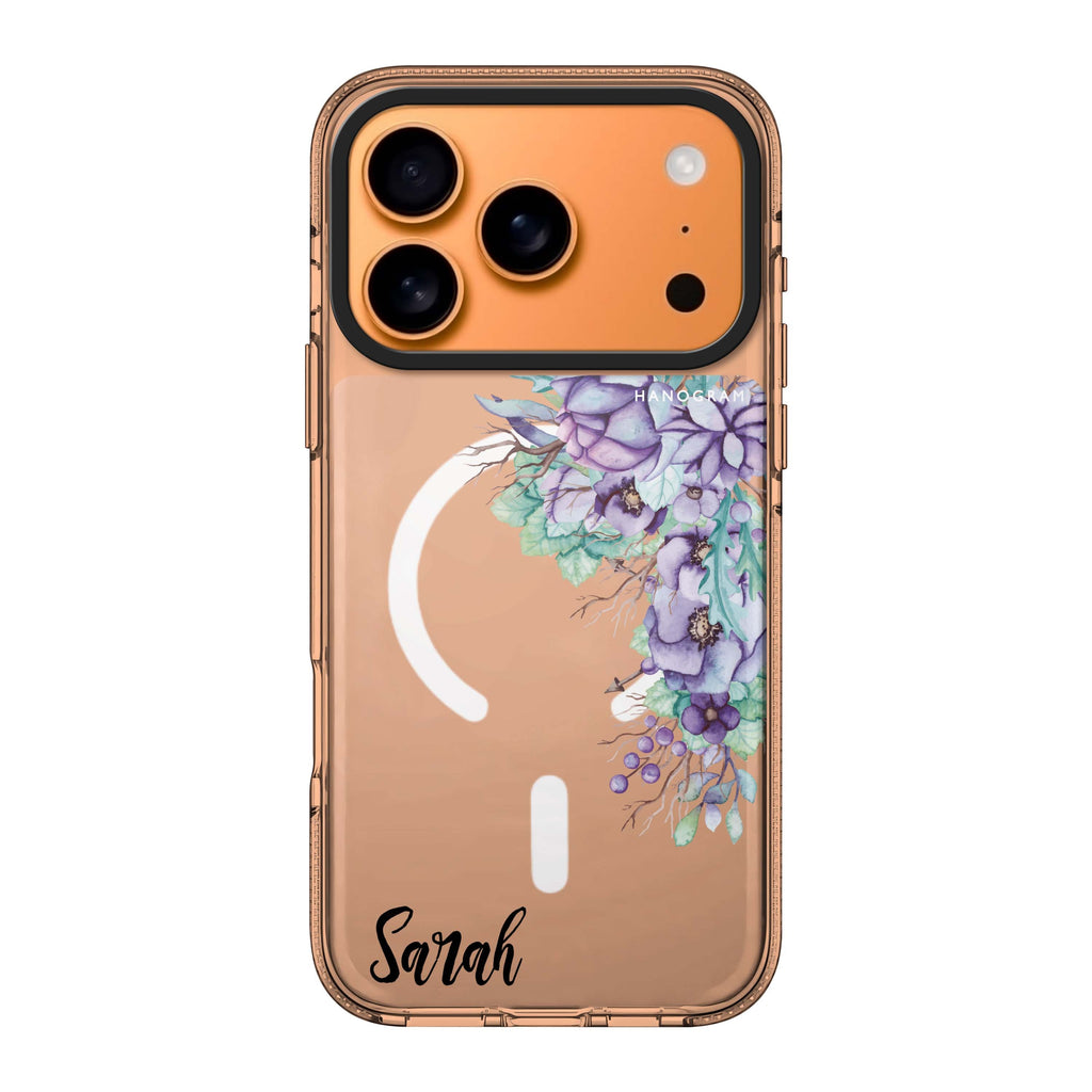 Purple Floral iPhone 17 Pro Max MagSafe 水晶透明保護殼 花卉圖案設計 可自訂名字及字色 圖1