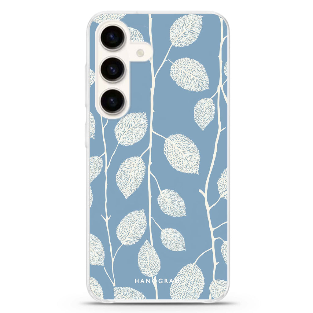 Blue Leaves Samsung Galaxy S26/S25/S24 水晶透明保護殼正面展示