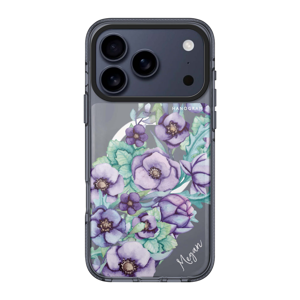 Purple Floral II iPhone 17 Pro Max MagSafe 水晶透明保護殼 花卉圖案設計 可自訂名字 圖1