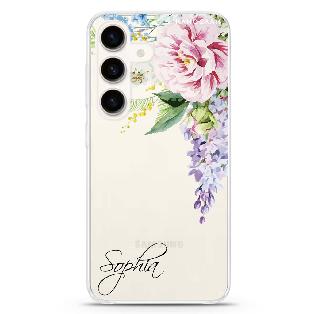 Tropical Floral II Samsung Galaxy S26/S25/S24 可加名字水晶透明保護殼正面展示