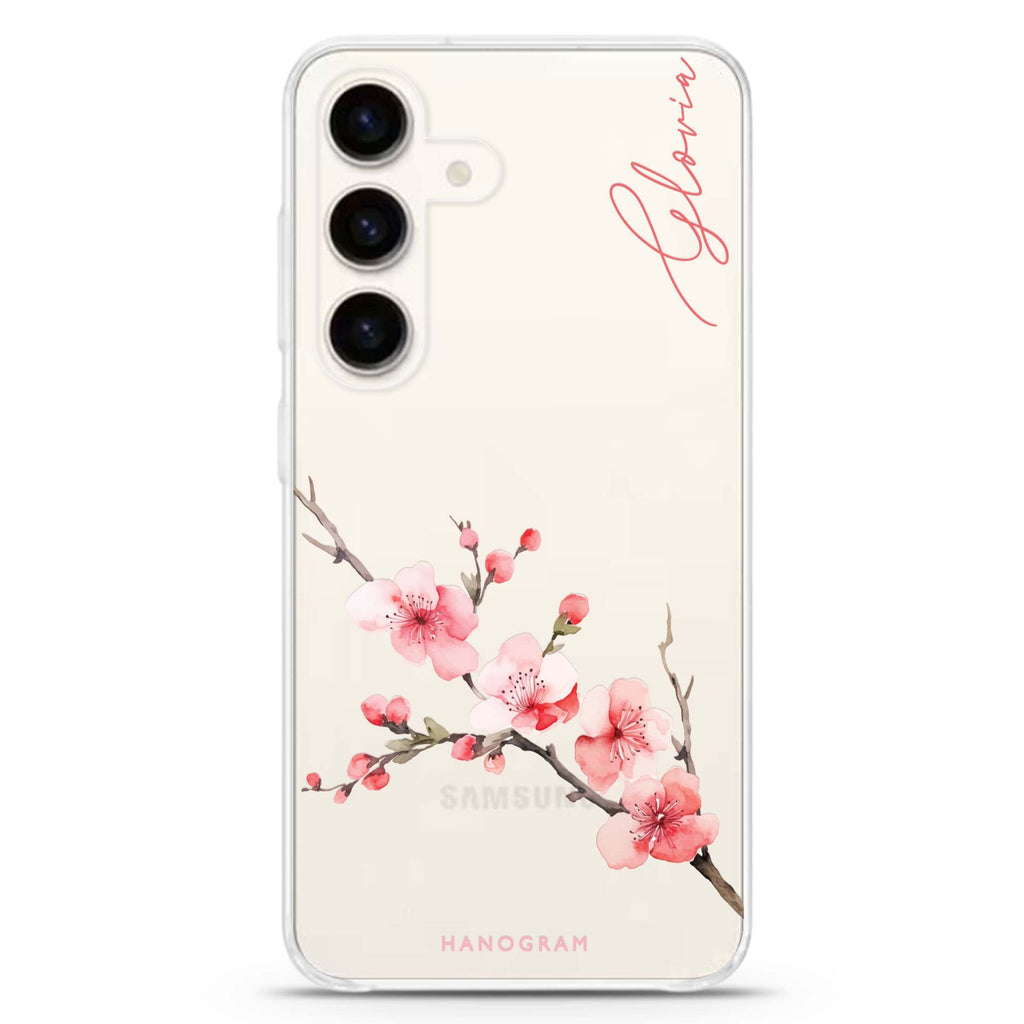 Cherry Bliss Samsung Galaxy S26/S25/S24 可加名字水晶透明保護殼正面展示