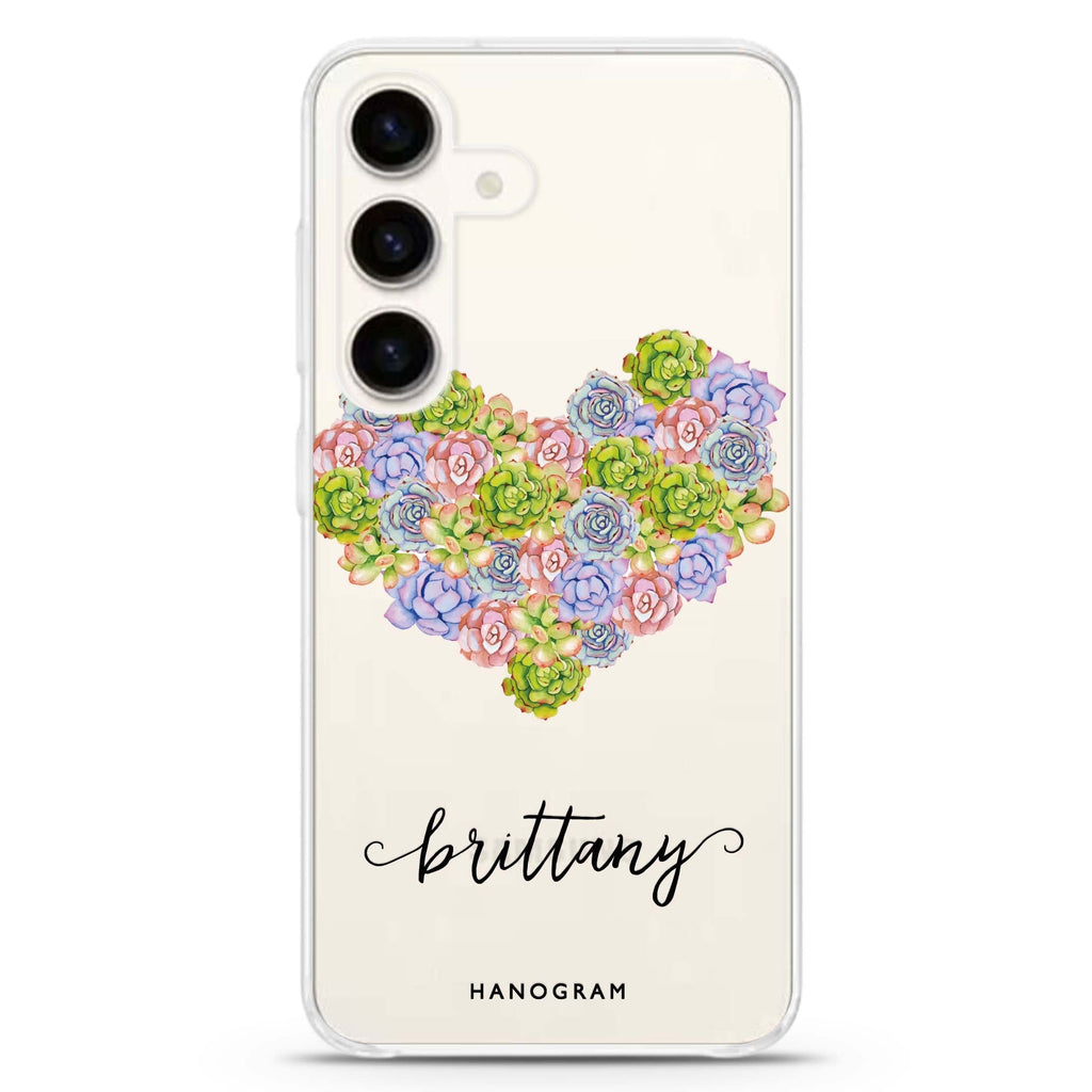 Floral Heart Samsung Galaxy S26/S25/S24 可加名字水晶透明保護殼正面展示