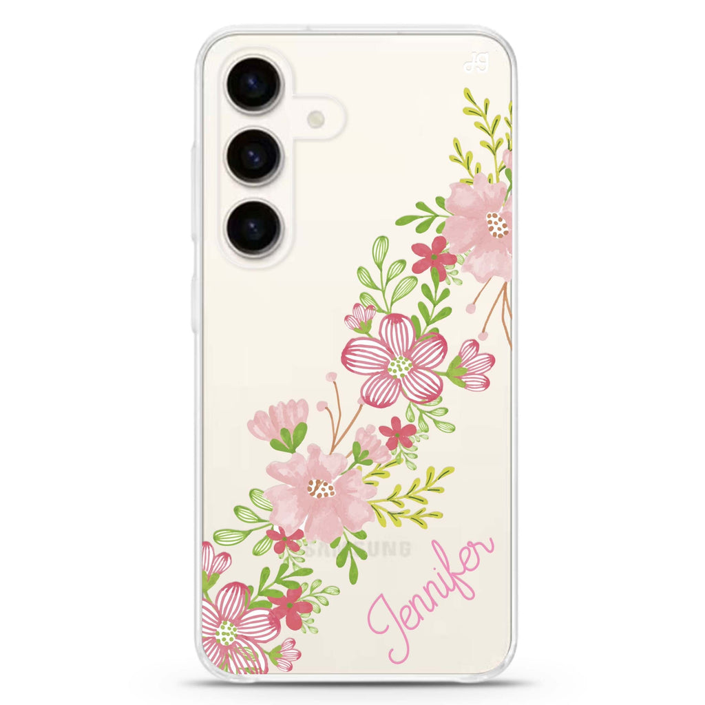 Floral Path Samsung Galaxy S26/S25/S24 可加名字水晶透明保護殼正面展示