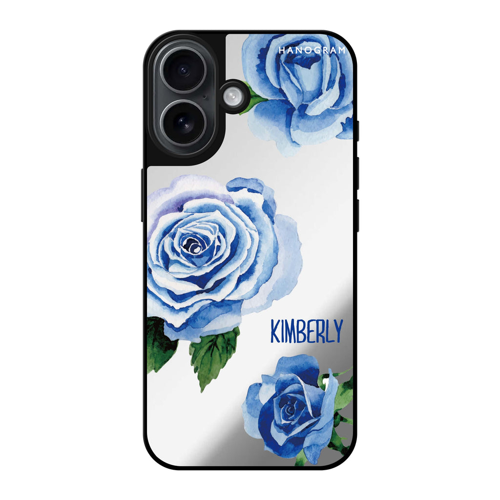 Reflective iPhone 16 Mirror Case –Blue Rose Design