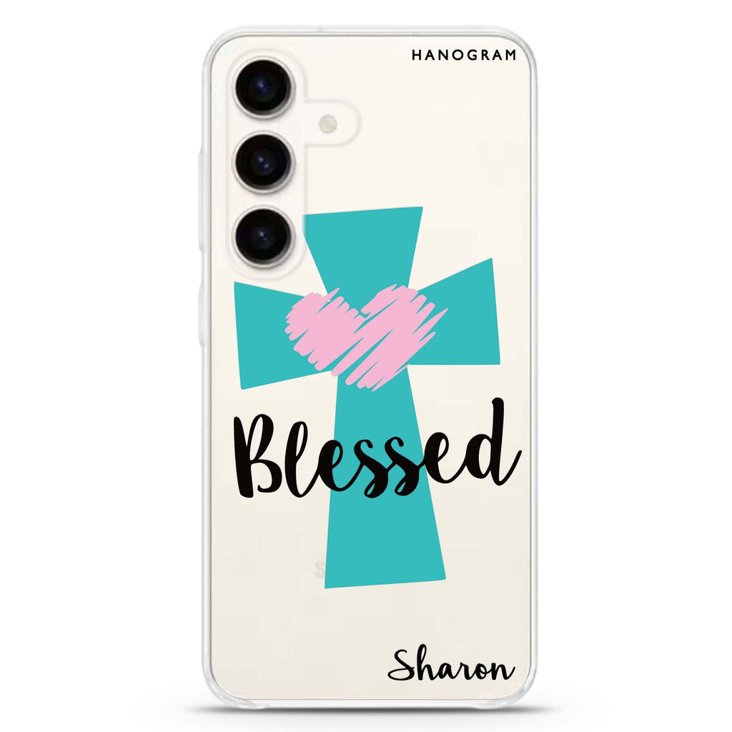 Blessed Samsung Galaxy S26/S25/S24 可加名字水晶透明保護殼正面展示