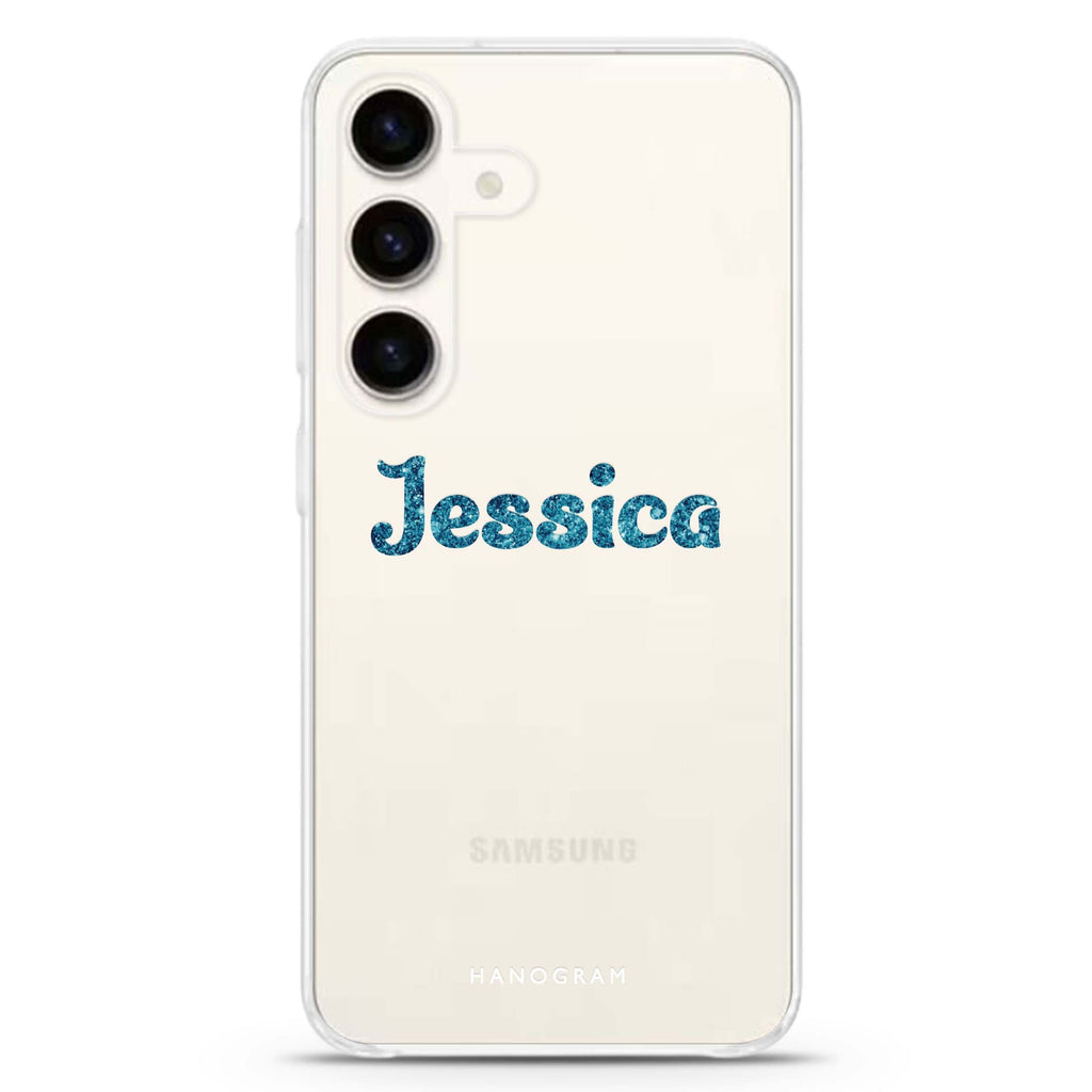 Glittering Blue Samsung Galaxy S26/S25/S24 可加名字水晶透明保護殼正面展示