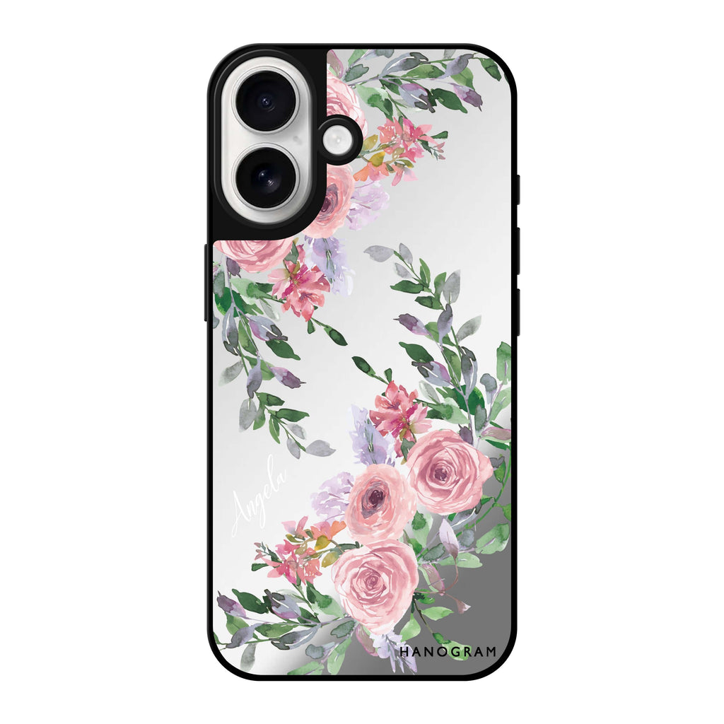 Reflective iPhone 16 Mirror Case –Lucy Watercolor Rose Design