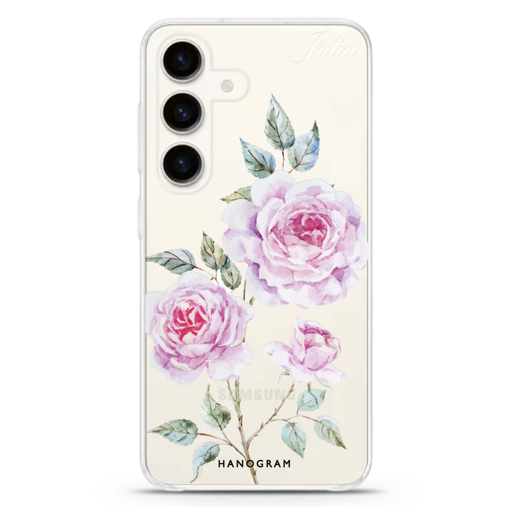 Simple Floral Samsung Galaxy S26/S25/S24 可加名字水晶透明保護殼正面展示