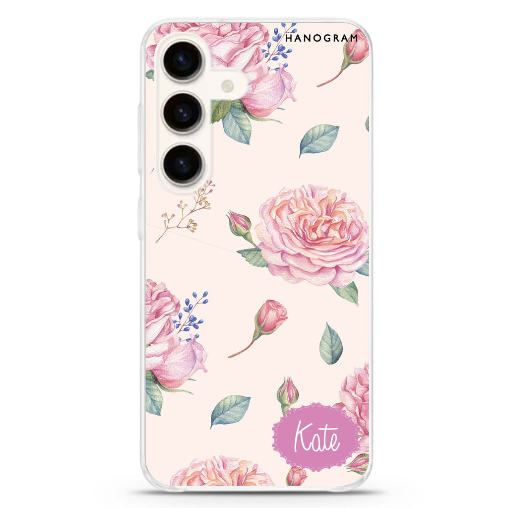 Pinky Flowers Samsung Galaxy S26/S25/S24 可加名字水晶透明保護殼正面展示