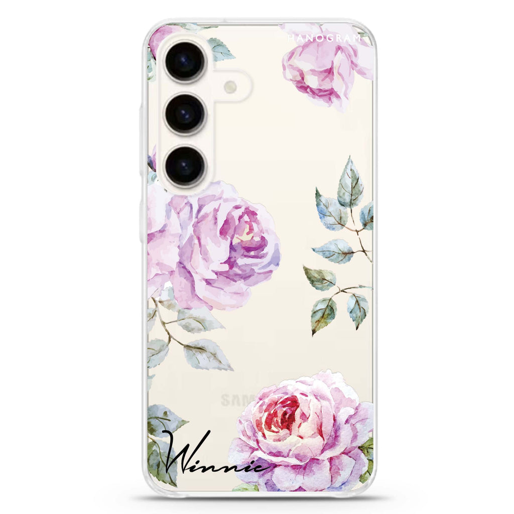 Classic Floral Samsung Galaxy S26/S25/S24 可加名字水晶透明保護殼正面展示