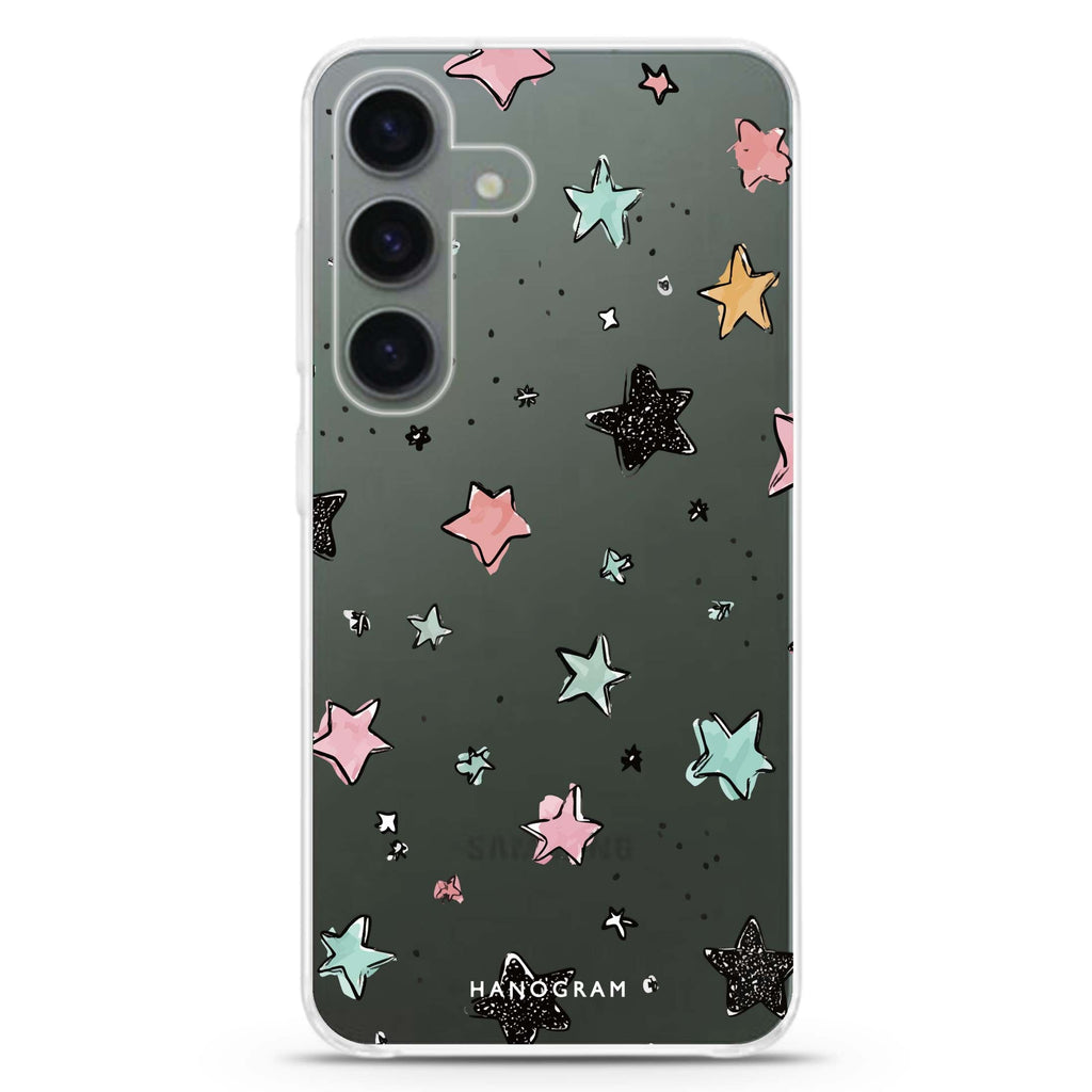 Pastel Sparkle Stars Samsung Galaxy S26/S25/S24 水晶透明保護殼正面展示