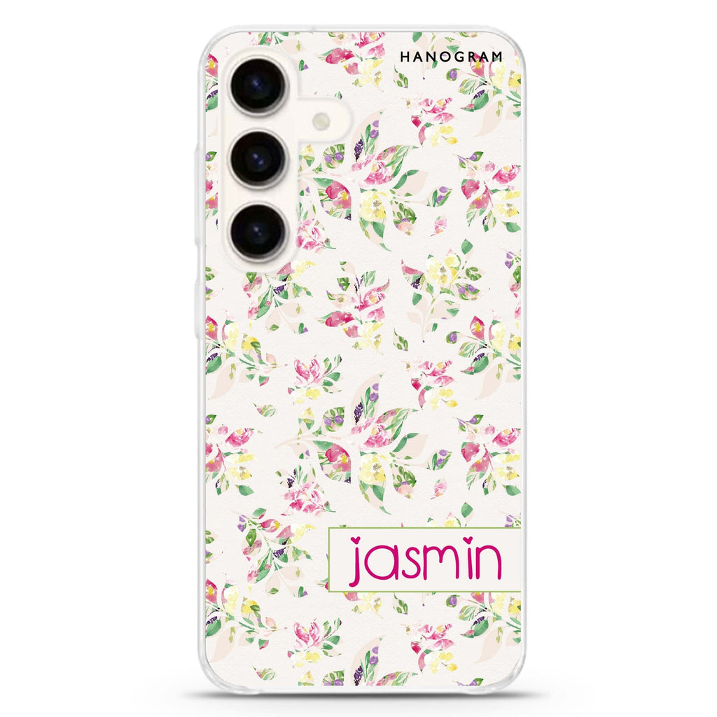 Floral Rain Samsung Galaxy S26/S25/S24 可加名字水晶透明保護殼正面展示