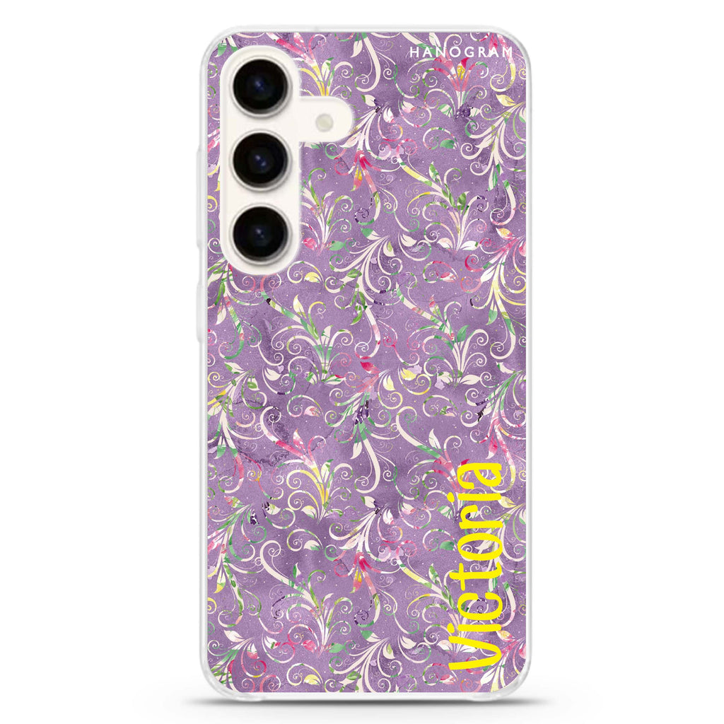 Curly Flowers Samsung Galaxy S26/S25/S24 可加名字水晶透明保護殼正面展示