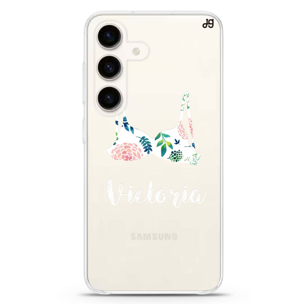 Floral Bra Samsung Galaxy S26/S25/S24 可加名字水晶透明保護殼正面展示