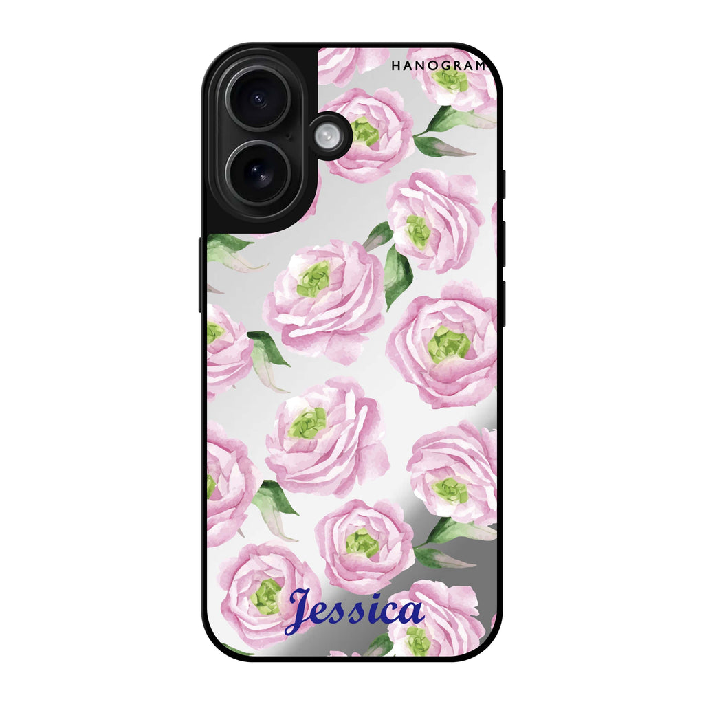 Reflective iPhone 16 Mirror Case –Watercolor pink floral Design