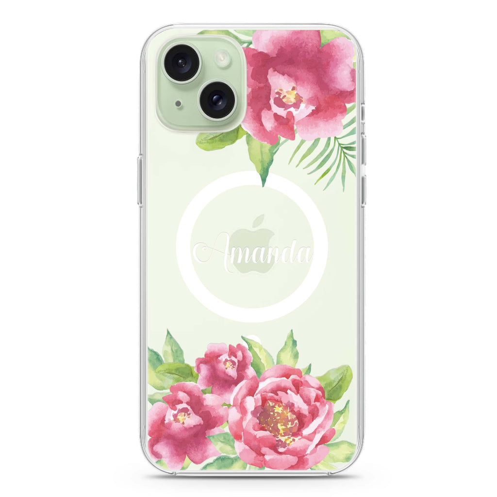 Watercolor Paeonia iPhone 15 Plus Magsafe 兼容水晶透明保護殼