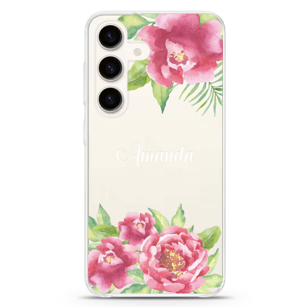 Watercolor Paeonia Samsung Galaxy S26/S25/S24 可加名字水晶透明保護殼正面展示