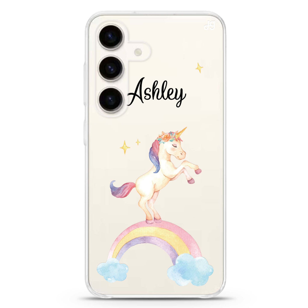 Rainbow Unicorn Unicorn Samsung Galaxy S26/S25/S24 可加名字水晶透明保護殼正面展示