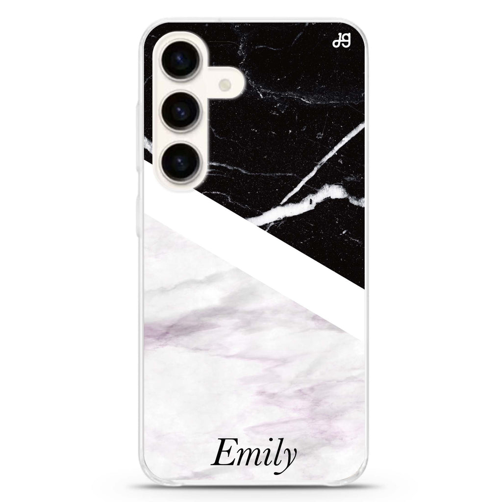 Black & White Marble Samsung Galaxy S26/S25/S24 可加名字水晶透明保護殼正面展示