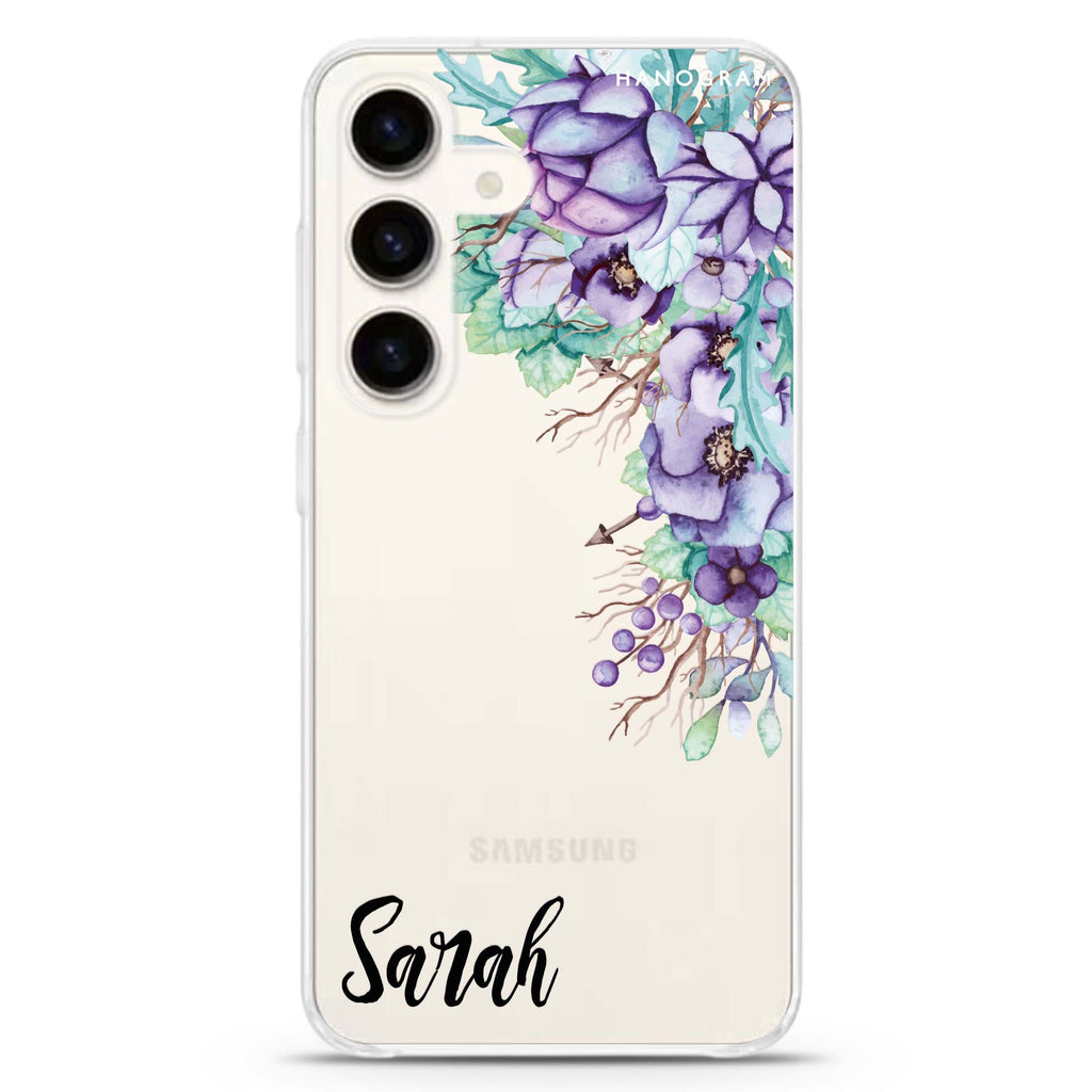 Purple Floral Samsung Galaxy S26/S25/S24 可加名字水晶透明保護殼正面展示