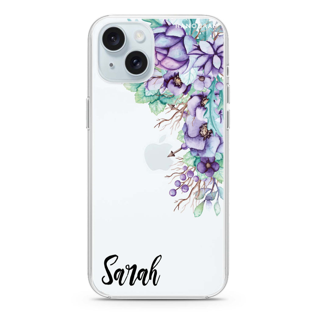 Purple Floral iPhone 15 plus 水晶透明保護殼