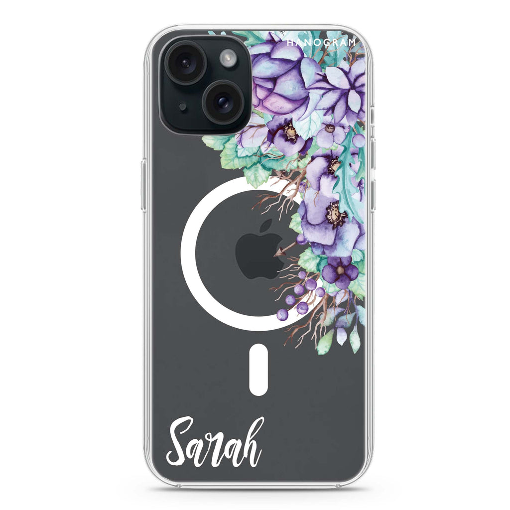 Purple Floral iPhone 15 Plus Magsafe 兼容水晶透明保護殼