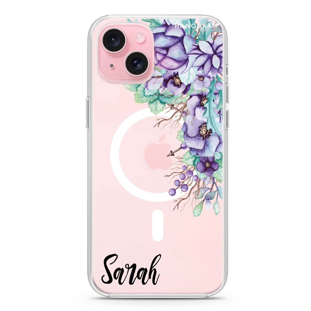 Purple Floral iPhone 15 Magsafe 兼容水晶透明保護殼