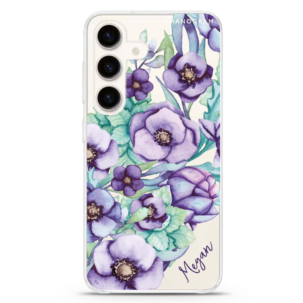 Purple Floral II Samsung Galaxy S26/S25/S24 可加名字水晶透明保護殼正面展示
