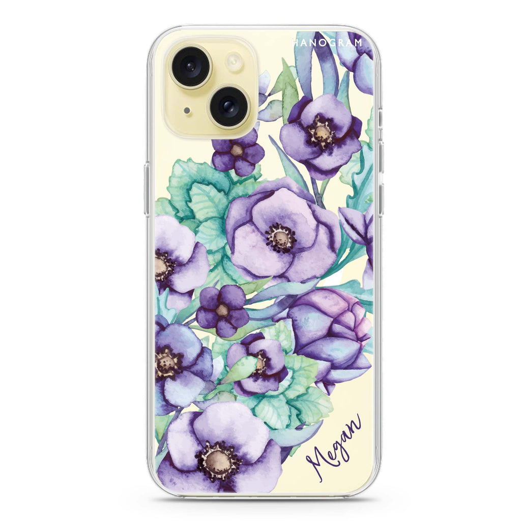 Purple Floral II iPhone 15 Magsafe 兼容水晶透明保護殼