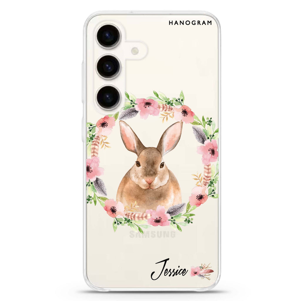 Floral Rabbit Samsung Galaxy S26/S25/S24 可加名字水晶透明保護殼正面展示