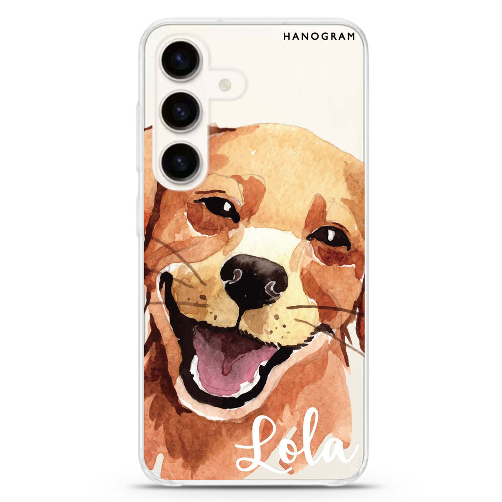 Golden Retriever Samsung Galaxy S26/S25/S24 可加名字水晶透明保護殼正面展示