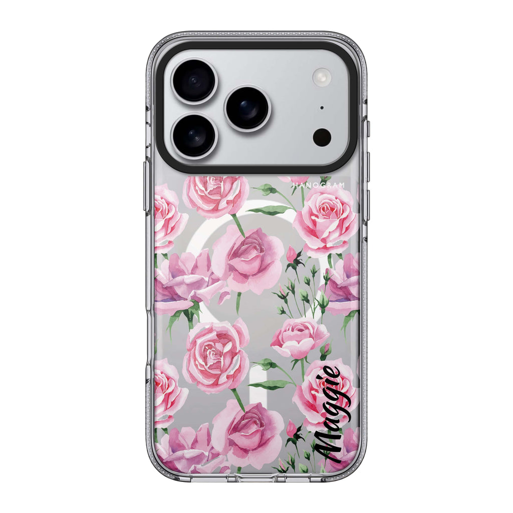 Pink Rose iPhone 17 Pro Max MagSafe 水晶透明保護殼 花卉圖案設計 可自訂名字 圖1