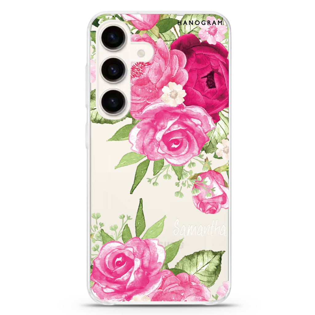 Watercolor Rose Samsung Galaxy S26/S25/S24 可加名字水晶透明保護殼正面展示