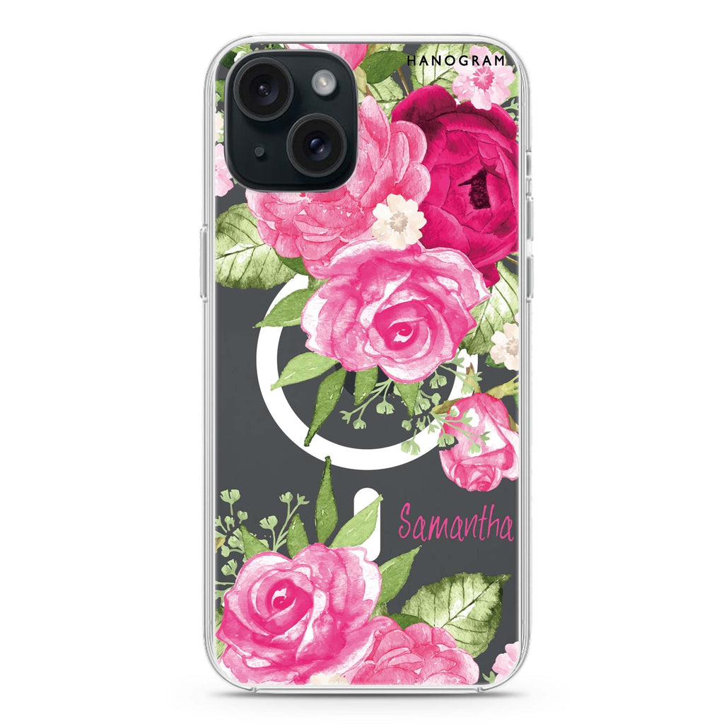 Watercolor Rose iPhone 15 Magsafe 兼容水晶透明保護殼