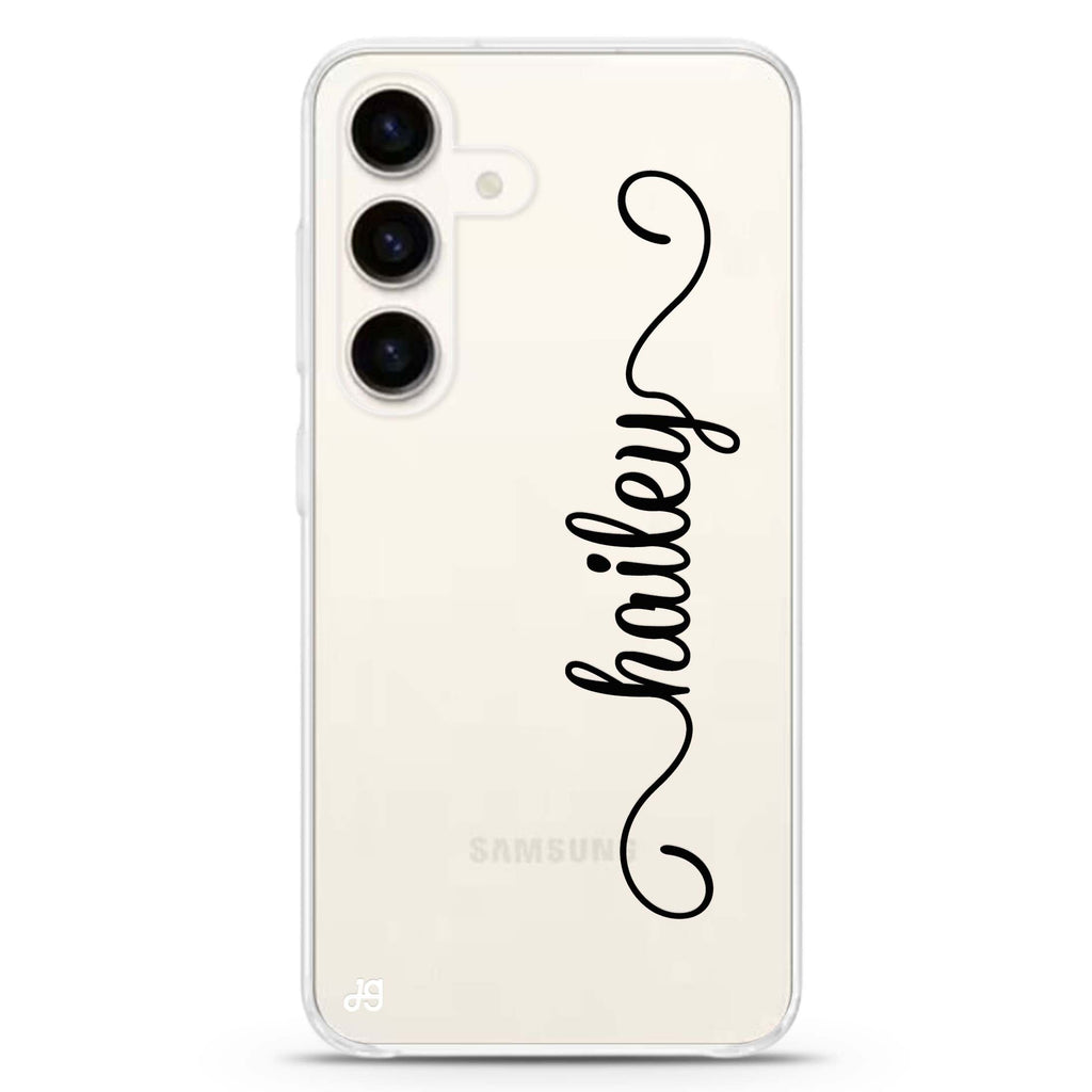Vertical Cursive Handwritten Samsung Galaxy S26/S25/S24 可加名字水晶透明保護殼正面展示