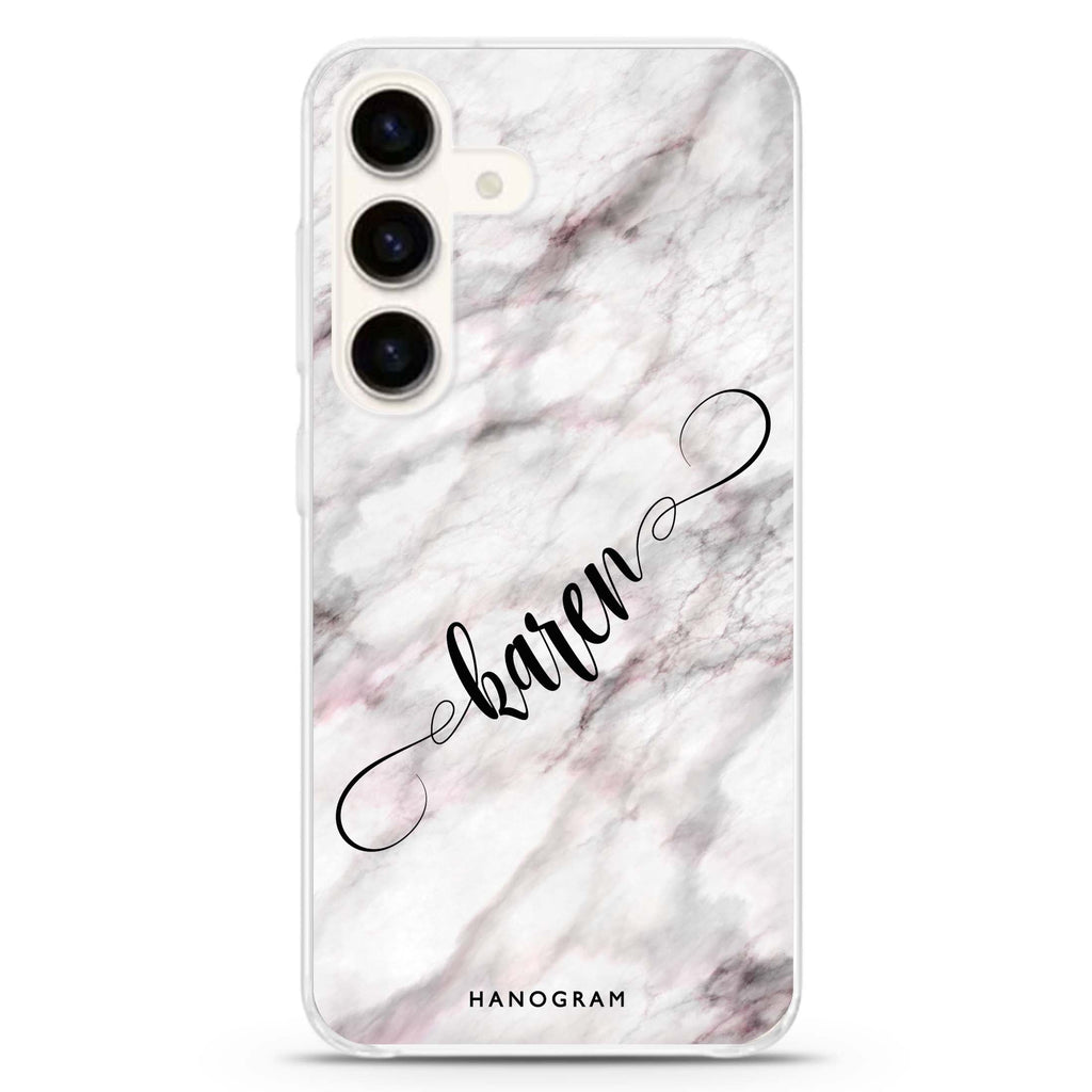 Cursive Name & Marble Samsung Galaxy S26/S25/S24 可加名字水晶透明保護殼正面展示