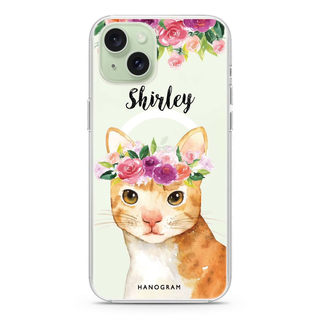 Floral and Cat iPhone 15 Magsafe 兼容水晶透明保護殼