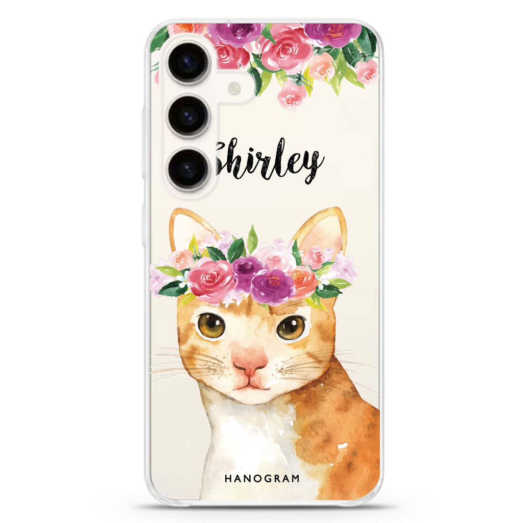 Floral and Cat Samsung Galaxy S26/S25/S24 可加名字水晶透明保護殼正面展示